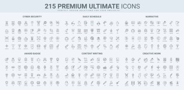 Siber güvenlik koruması ve veri şifreleme, içerik yaratmak için sanatçı araçları, ödül satırı simgesi seti. Ağ mahremiyeti, madalya ve kupa, kazanan ince siyah ana hatlı semboller vektör illüstrasyonu için podyum