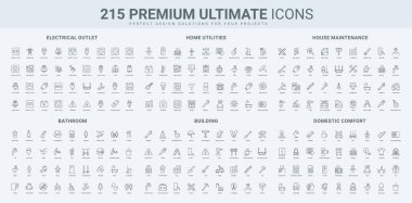 İnşaat, tuvalet ve umumi tuvalet tabelaları, farklı soket ve fiş hattı simgesi seti. Elektrikli cihazlar, güvenlik ve temizlik, ince siyah ana hatlı semboller vektör illüstrasyonunu rahatlatmak için aygıtlar