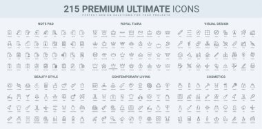 Kraliyet ve lüks ödülü, dijital görsel tasarım, kozmetik ve spor, yoga ve uyku ikonu seti. Deri ve vücut güzellik hizmetleri, kentsel modern yaşam tarzı ince siyah ana hatlı semboller vektör illüstrasyonu