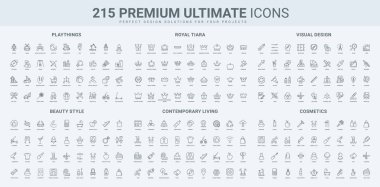 Çocuklar için oyun alanı oyuncakları, birinci sınıf taç, kraliyet tacı ve kraliyet ailesi, güzellik çizgisi ikonu seti. İnce siyah ana hatlı çizim sembollerinin görsel tasarım ve grafik araçları