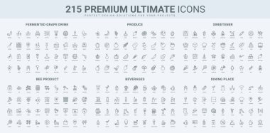 Ürün, tatlandırıcı, arı ürünleri, içecekler ve yemek gereksinimleri de dahil olmak üzere yiyecek ve içeceklere odaklanan zarif bir ikon seti. Aşçılık ve konukseverlik konuları için harika..