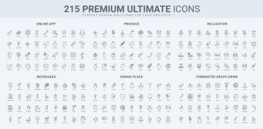 Restoran veya pub 'ın içki menüsü, mobil uygulama ve servis arama ve destek, stres yönetimi simgesi seti. Organik tarım ürünleri, şarap ince siyah anahat sembolleri vektör illüstrasyonları