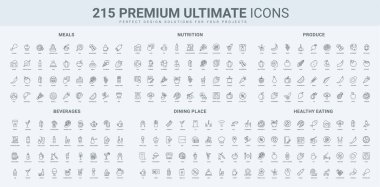 Sağlıklı yemek, restoran teslimatı, bar içeceği ikonu seti. Sağlık kontrol uygulaması, protein ve vejetaryen diyet glüten ve şekersiz, mutfakta pişirme ince siyah ana hatlı semboller vektör ilülasyonu