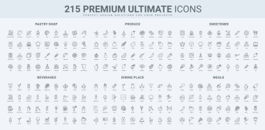 Pastane, şekerci, içecek menüsü, tatlandırıcı ve şeker, tarım ürünleri ikonu seti. Yemek servisi, öğle yemeği ve kahvaltı ince siyah ana hatlı semboller, vektör illüstrasyonu.