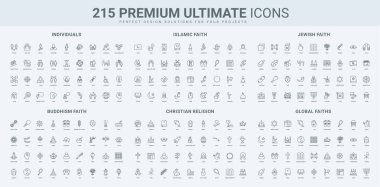 Hıristiyan ve Budist, Müslüman ve Yahudi dini, inanç ve tapınak, halk çizgisi ikonu seti. İnsan organizasyonu, ekip ve bireysel koruma ince siyah ana hatlı semboller vektör illüstrasyonu