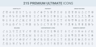 Otel konukseverliği, oda ve yatak, şehir altyapısı, inşaat çizgisi ikonu seti. Konfor özelliği için elektrikli aletler, mobilyalar ve dekorasyon ince siyah ana hatlı semboller vektör çizimi