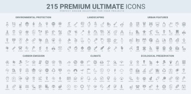 Karbondioksit salınımı, hava tahmini, küresel ısınma, peyzaj çizgisi ikonu seti. Ekoloji için sera gazı etkisi, doğa koruma, kentleşme ince siyah anahat sembolleri vektör illüstrasyonu