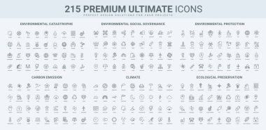ESG, geri dönüşüm ve yeşil enerji, eko turizm, çevre felaketi ikonu seti. Ekoloji koruması, güneş ve rüzgar enerjisi üreticisi, karbon kredisi ince siyah anahat sembolleri vektör çizimi