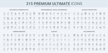 CO2 emisyonları, ESG ilkeleri ve şirket takım çalışması, işbirliği çizgisi simgesi seti. Çevre taşımacılığı, karbon azaltımı ve atık geri dönüşümü ekolojiyi korur ince siyah ana hatlı semboller vektör illüstrasyonunu korur