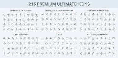 Ekoloji koruması, ESG düzenlemesi, yeşil enerji girişimi ve CO2 nötr çizgi simgesi seti. İklim değişikliği ve doğal afetler, hava takvimi ince siyah ana hatlı semboller vektör illüstrasyonu