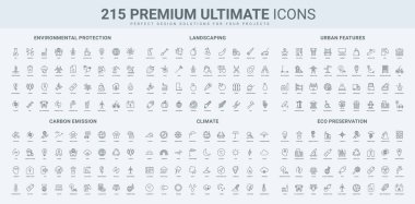 Kentsel altyapı, peyzaj ve çiftçi ekipmanları, CO2 emisyonları, meteoroloji çizgisi ikonu seti. Dünya ekolojisi, doğa koruma ince siyah ana hatlı semboller vektör illüstrasyonları