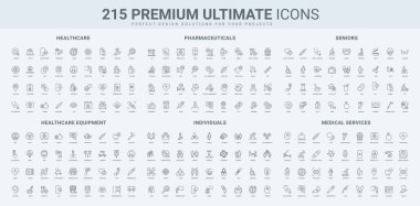 Nihai monokrom ikonu seti sağlık, ilaç, kıdemli bakım, tıbbi ekipman ve bireysel hizmetlere odaklanıyor. Tıbbi ve sağlık projeleri için ideal.