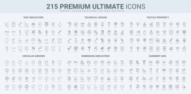 Satır simgesini yenilemek ve sıfırlamak için boyut ölçümü, boyut göstergesi, döngü ve yuvarlak işlem okları. Mühendislik, giysiler ve tekstil özellikleri ince siyah ana hatlı semboller vektör illüstrasyonu