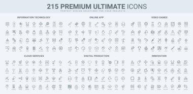 Bilgi alışverişi ve güncelleme için bilgi teknolojisi, video oyunu ve mobil uygulama, yenilik çizgisi simgesi seti. Bulut hesaplama servisi, ağ yazılımı ince siyah ana hatlı semboller vektör illüstrasyonu