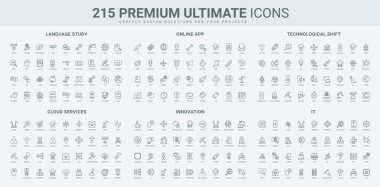 Yabancı dil eğitimi, çoklu bulut servisi, bilgi ve teknolojik devrim çizgisi simgesi seti. Öğrencilik ve ders becerisi, sözcük dağarcığı, IT ince siyah ana hatlı semboller vektör illüstrasyonu