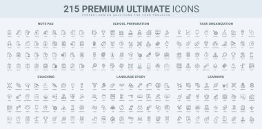 Kapsamlı simge seti eğitim, görev yönetimi, okul hazırlığı, dil eğitimi, planlama, hedefler, takım çalışması ve öğrenim kurumsal projeleri için ilerleme simgeleri üzerine odaklanmıştır..