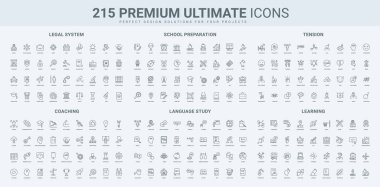 Hukuk ve adalet, okul eğitimi ve mezuniyet, dil çizgisi ikonu seti. Çalışan becerilerinin artması, eğitim ve ince siyah ana hatlı sembollerin çizimi için koçluk