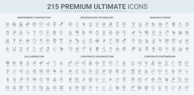 İş organizasyonu ve yapısı, endüstri ve tarım ekipmanları ve makine, bilişim hattı simgesi seti. Ortaklık ve liderlik, serbest çalışan ve takım ince siyah ana hatlı semboller vektör illüstrasyonu