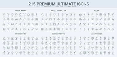 Dijital ortam aygıtları ve içeriği, veri ağı bağlantısı ve takım ilişki çizgisi simgesi seti. Sanat yaratımı, radyo ve TV, video ve ses kaydı ince siyah ana hatlı semboller vektör illüstrasyonu