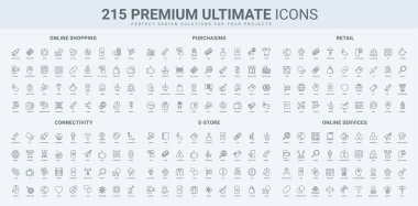 E mağazası, toptan satış ve perakende alım yeri, çevrimiçi servis bağlantısı ve uygulama hattı simgesi seti. Süpermarket, alışveriş merkezi ve mağaza satışları, ince siyah ana hatlı semboller vektör illüstrasyonları hediye