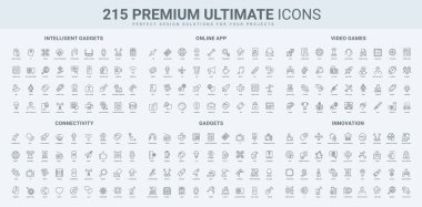 Yapay zeka yeniliği ve aygıt, sinirsel ağ bağlantısı ve erişim, dijitalleştirme hattı simgesi seti. Ev ve oyun için akıllı aygıt, tıp, makine ince siyah anahat sembolleri vektör ilüstrasyonunu öğreniyor