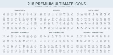 Hukuk ve yargı sistemi, güvenlik ve ilk yardım ekipmanları, seyahat vizesi ve belge onay çizgisi simgesi belirlendi. Kurumsal gerekli unsurlar, sigorta ince siyah ana hatlı semboller vektör illüstrasyonu