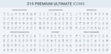 Verimlilik ve üretim süreci, ofis işi, kargo, ihracat ve ithalat çizgisi ikonu seti sonuçları. Görev çözümü organizasyonu, işçi ekipmanları gün içinde ince siyah ana hatlar vektör illüstrasyonları