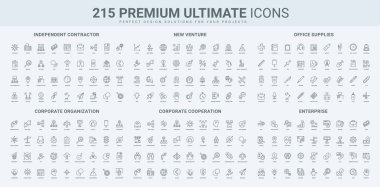 Hibrit ofis ve ev işleri, serbest çalışma, şirket işbirliği, takım organizasyon çizgisi ikonu seti. Yeni girişimin geliştirilmesine yatırım, risk yönetimi ince siyah ana hatlı vektör illüstrasyonuna yatırım