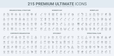 Organizasyon yapısı ve kurumsal hiyerarşi, işçi günü, görev ve proje akış çizgisi simgesi seti. Konsantrasyon ve iş süreci verimliliğine odaklanma ince siyah ana hatlı vektör çizimi illüstrasyonu