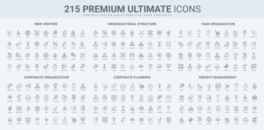 Şirket hiyerarşisi ve ofis proje organizasyonu, dünya çapında arz ve yük yönetimi, envanter çizgisi simgesi seti. Görev ve iş hedefi ince siyah ana hatlı semboller çizmek