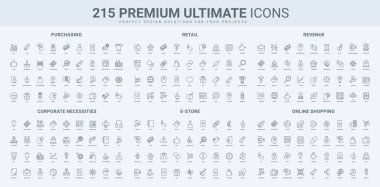 Çevrimiçi alışveriş ve ticaret, satış hunisi ve perakende satış siparişi, satın alma hattı simgesi seti. Muhasebe geliri, fayda, risk göstergesi, kurumsal süreç ince siyah ana hatlı vektör illüstrasyonu