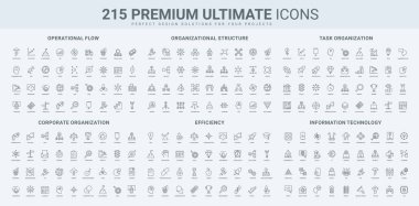 Bilgi teknolojisi, büyük veri koruması, görev verimliliği çizgisi simgesi seti. Kurumsal çözümler ve adam toplama organizasyonu, risk yönetimi ince siyah ana hatlar vektör illüstrasyonları