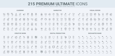 Dijital içerik, sihirbazlar mucize, yaratıcı tasarım, tasarımcı çizgisi simgesi seti araçları. Sosyal medyadaki içerik ve hoşnutsuzluk, eğitim ince siyah ana hatlı semboller vektör illüstrasyonu