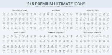 Fikri mülkiyet, marka ve telif hakkı, AI, NFT hat simgesi ile çevrimiçi uygulama ve hizmet. Kripto para birimi engelleme zinciri merkezi olmayan ağ ince siyah ana hat sembolleri vektör illüstrasyonuName