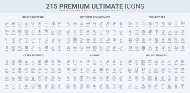 Çevrimiçi alışveriş, ödeme ve teslimat, e-market satışları, yazılım geliştirme hattı simgesi seti. İstek listesi ve favorilerden en iyi fiyat, ağ servisi ince siyah ana hatlı semboller vektör illüstrasyonu