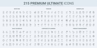 Veri, şirket işyeri, iş planlaması, kargo hattı simgesi seti düzenlemek için dosya ve kalem dolu panolar. Stres gerilimi semptomları, günlük yaşam planı ince siyah çizgili semboller vektör illüstrasyonu