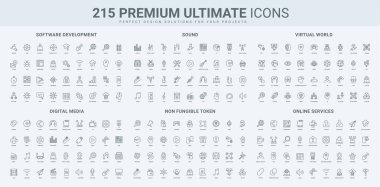 Yazılım geliştirme, dijital müzik, video ve oyunlar, ses, sanal dünya çizgi simgesi seti. Programlama projesi, kod ve geliştirici algoritmaları, eşsiz NFT ince siyah ana hat çizim sembolleri vektör çizimi