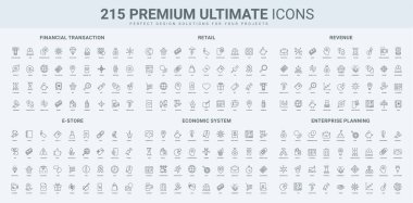 Mali işlem platformu, ecommerce ve perakende satış indirimi, girişim stratejisi çizgisi simgesi seti. Ekonomik sistemin verimliliği, korunma kazancı ince siyah ana hatlı vektör illüstrasyonu