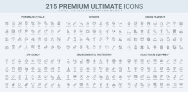 Eczane, çözelti ve becerilerin verimliliği, yaşlılar, çevre koruma çizgisi simgesi seti. Doktorlar reçete, cihazlar, büyüme için gecikme ve enerji İnce siyah anahat sembolleri vektör illüstrasyon