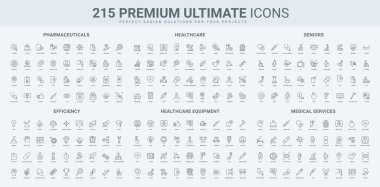İşletme yönetimi becerileri, tıbbi cihazlar, yaşlılar, sağlık hizmetleri ikonu seti. Eczane hapı, kalp sağlığı, radyoloji ince siyah ana hatlı semboller vektör çizimi