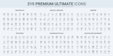 Topluluktaki insanlar, verimlilik ve başarıya odaklanma, hastane hizmeti ve ekipman, enstrüman hattı simgesi seti. Cinsiyet ve ulus, seçim, yaşlılar, ince siyah ana hatlı semboller, vektör illüstrasyonu