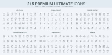 Elektrik ve elektrik cihazları, farklı ülkelerin prizleri ve prizleri, yıldırım hattı simgesi seti. Priz, güç kaynağı, elektrik taşımacılığı ince siyah ana hatlı semboller vektör illüstrasyonu