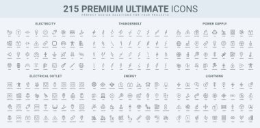 Elektrik bileşenleri, priz prizi ve soket tipleri, güç ikonu seti. Enerji verimliliği sınıfı etiketi, farklı şimşek ve şok cıvatası ince siyah ana hat çizim sembolleri vektör illüstrasyonu