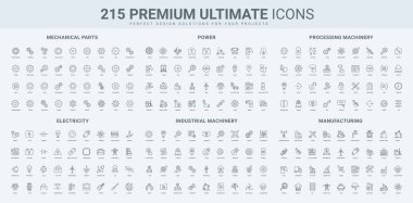 Endüstriyel makine dişlileri, üretim ekipmanları ve enerji kaynağı, güç ve elektrik taşıma hattı ikonu seti. Otomobil motoru ve mekanik parçalar ince siyah ana hatlı semboller vektör çizimi