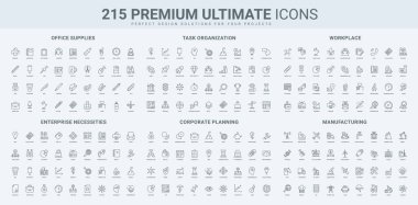 Üretim, iş yeri için ofis malzemeleri, görev organizasyonu, problem çözme çizgisi simgesi seti. Girişimdeki belgeler ve iletişim, operasyonlar ince siyah ana hatlı semboller vektör illüstrasyonu