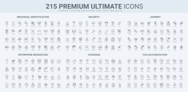 Sigorta sigortası, hayatı korumak ve güvence altına almak için güvenlik araçları, önemli işletmeler, vize çizgisi simgesi seti. İşaretler belgeyi onaylar, ince siyah ana hatlı semboller vektör çizimini tanımlar