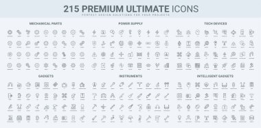 Akıllı cihaz ve ev aletleri, dişli ve dişli, güç kaynağı, çalışma hattı simgesi seti. İnşaat alanı araçları, akıllı ev aletleri desteği ince siyah ana hatlı semboller vektör illüstrasyonu