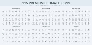 Otel resepsiyonu, yatak ve kahvaltı, farklı taçlar, bireysel etkileşim çizgisi ikonu seti. Alışveriş desteği, perakende satış indirimi, ince siyah taslak semboller vektör illüstrasyonu