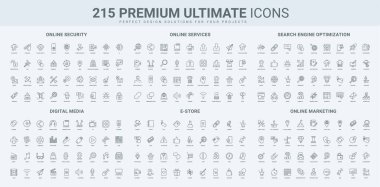 Çevrimiçi güvenlik, dijital video ses medyası ve servis, SEO pazarlama hattı simgesi seti. Veri alışverişi ve güncelleme, bulut indirme, otomasyon ve teknik destek ince siyah ana hatlı vektör ilüstrasyonu