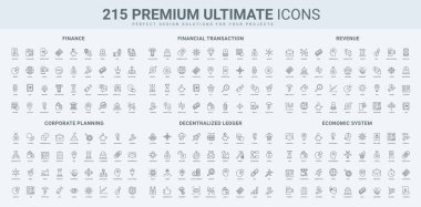 Engelleme zinciri, ekonomik sistem ve finans, gelir, şirket planlama ikonu seti. Muhasebe ve para değişimi, KPI analizi, iş süreci akışı ince siyah ana hatlı semboller vektör illüstrasyonu